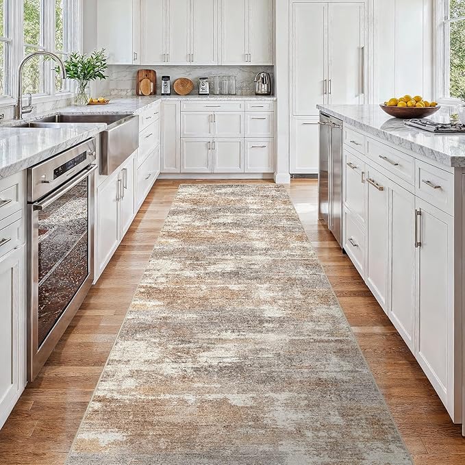 3x15 Washable Kitchen Runner Rug: Modern Abstract Runners for Hallway Soft Non Slip Rugs with Rubber Backing Low Pile Thin Waterproof Floor Carpet for Entryway Bedroom Bathroom Indoor 3x15 Brown/Brick