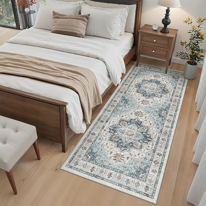 Madane Hallway Runner Rug 3x6 - Washable Kitchen Rugs Entryway Rug Runner Vintage Soft Floor Mat Non Slip Indoor Farmhouse Carpet for Bathroom Living Room Bedroom (3 X 6, Blue)