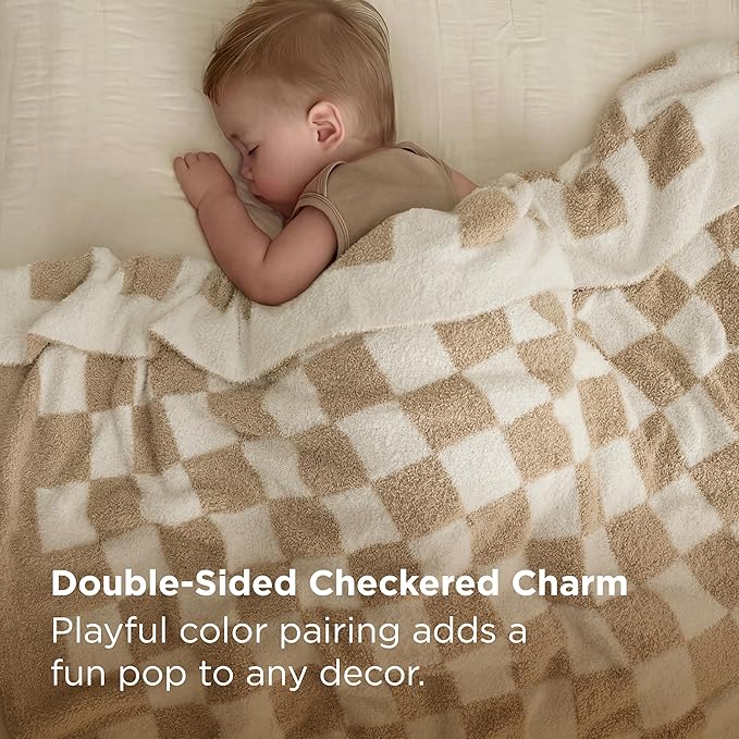 Bedsure GentleSoft Cozy Soft Throw Blanket for Couch, Beige Checkered Fluffy Blanket, Lightweight Warm Knit All Season Throw Blankets for Bed Sofa, Birthday, for Women, 50x60 Inches