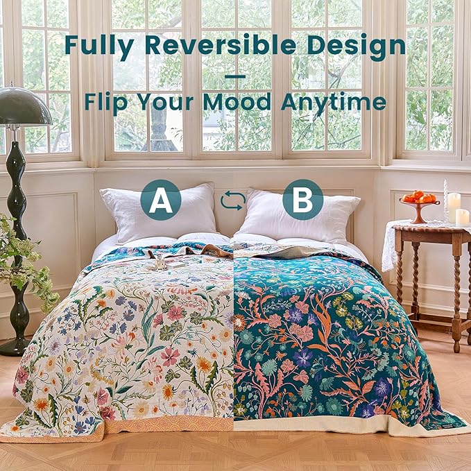 MSGKV The Boho Layer: 60"x80" Cotton Throw Blanket – Full Size for Couch Snuggles, Twin Bed Topper | Lightweight & Breathable Reversible Maximalist Colorful Floral, Decorative Accent