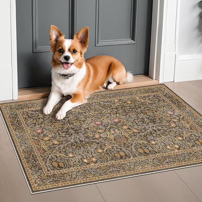 Brown Washable Entry Rug - Front Door Throw Rugs Indoor, Non-Slip Bathroom Small Rugs, Vintage Floral Thin Rug for Kitchen, Boho Earthy Entryway Décor (2x3 Gold Brown)