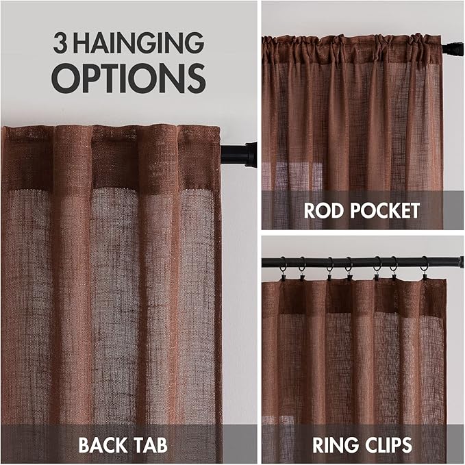 MIULEE Chocolate Brown Linen Curtains 72 Inch Length for Bedroom Living Room, Soft Thick Linen Textured Window Drapes Semi Sheer Light Filtering Back Tab Rod Pocket Burlap Look Decor, 2 Panels