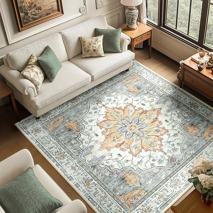 Area Rugs Square 6ft Washable Non-Slip, Floral Vintage Distress Print Pattern Medallion Carpet for Living Room Bedroom Dining Room, Light Yellow Carbon Grey Orange