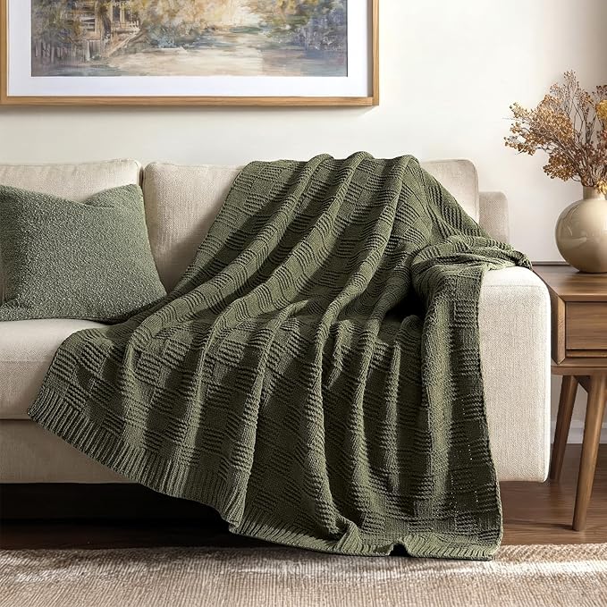 EVERGRACEHOME Modern Checkered Chenille Throw Blanket, Soft Cozy Plaid Knitted Chair Blanket for Sofa Couch, Decorative Knit Throw for Bed and Living Room, Olive Green, 50" x 60"