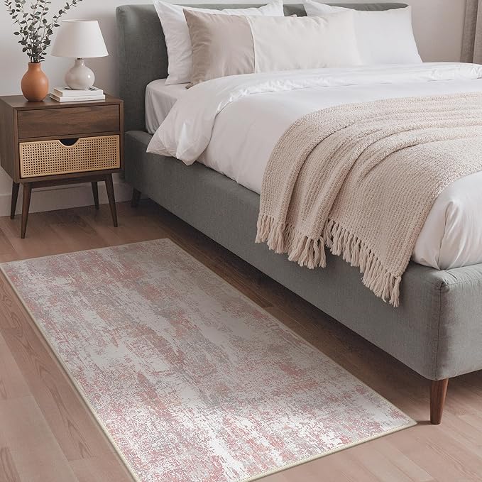 Area Rugs 3x5 for Living Room Bedroom, Modern Abstract Machine Washable Rug, Soft Low Pile Floor Carpet with Non Slip Backing for Entryway, Pink/Grey