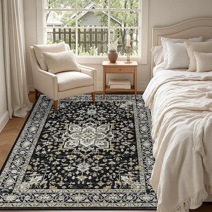 5x7 Area Rugs Living Room Rug: Washable Vintage Boho Medallion Rug No Slip Stain Resistant Soft Carpet Indoor Large Carpets for Bedroom Dining Room Farmhouse Nursery Hallway Home Office Black Gold