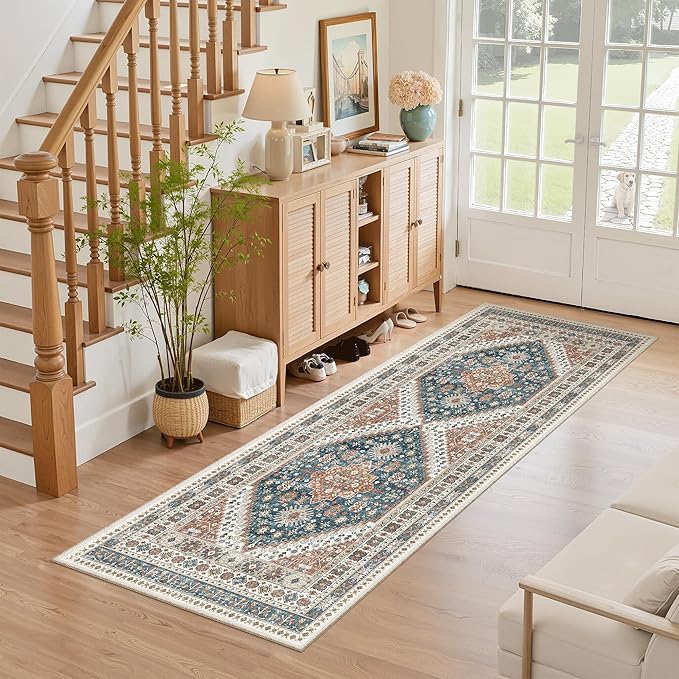 Madane Washable Runner Rug - 2x6 Rug Runners for Hallways 6 Feet Non Slip Vintage Kitchen Runner Rug Ultra-Thin Bathroom Runner Rugs Carpet Laundry Room Bedroom (2x6ft, Navy Blue)