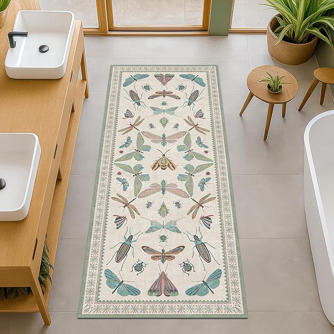 Hazo Haus Washable Non Slip Bathroom Runner Rug 2x5, Insect Boho Bath Mat, Stain Resistant Low Pile Butterfly Insect Print Rugs for Laundry Room, Powder Room, Beige Green