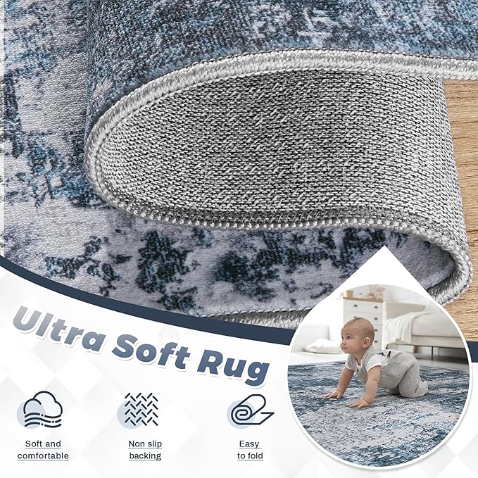 Area Rugs 6x9 for Living Room: Washable Rug Modern Abstract Neutral Soft Non-Slip Low-Pile Indoor Carpet for Bedroom Dining Room Playroom Home Office (Blue Grey, 6'x9')