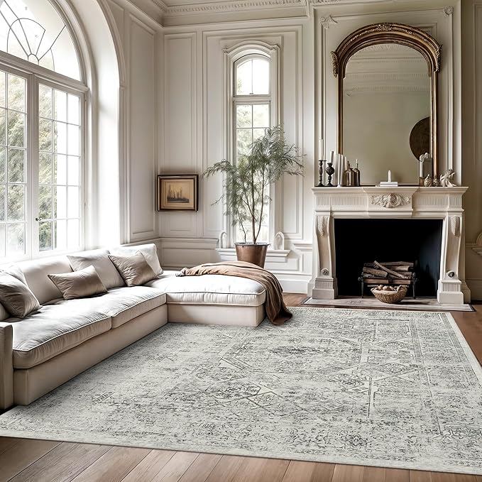Soalmost 6x9 Area Rug for Living Room Floral Washable Non-Slip Gray Rugs for Bedroom Dinning Room Ultra-Thin Indoor Grey Rug