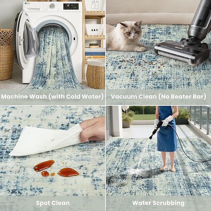 8x10 Area Rugs for Living Room Washable Rug: Anti-Skid Abstract Modern Living Room Rug Soft Thin Carpets Indoor Floor Non-Shedding Carpet for Bedroom Dining Farmhouse Nursery Blue Gray Gold