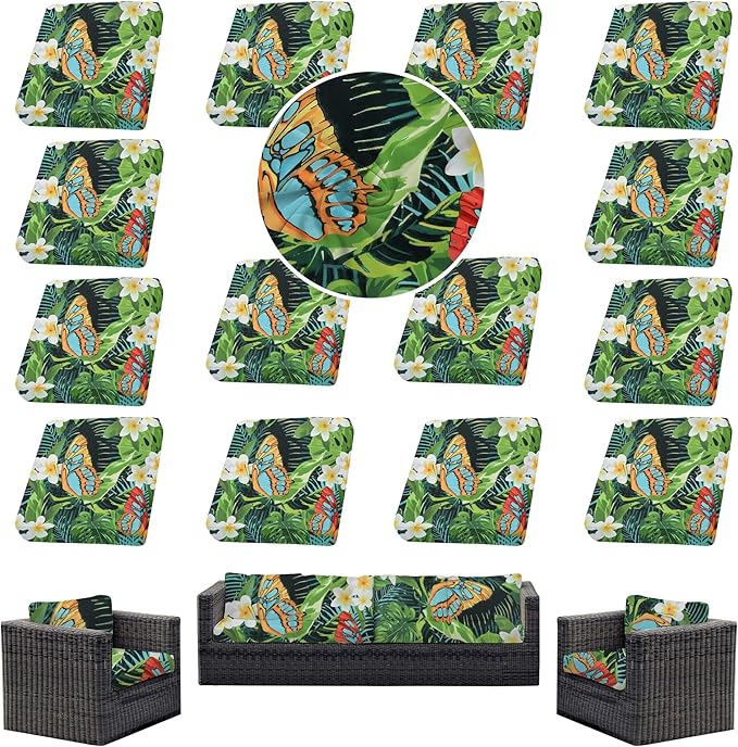 14Pcs Outdoor Cushion Covers, Patio Cushion Covers,Stretch Elastic Slipcovers, Replacement Washable & Reusable Furniture Protector for Patio Couch (Green and Lush,Cover Only)