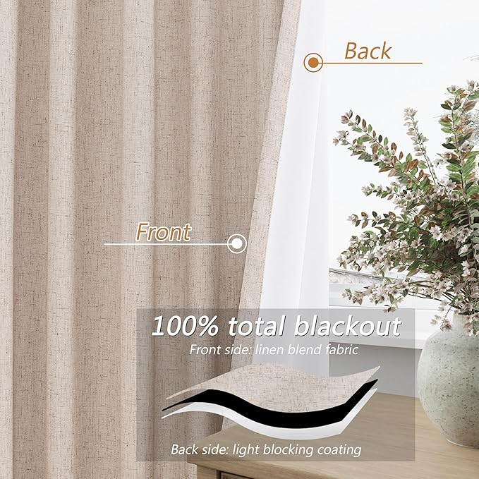 Guken Oatmeal 100% Blackout Curtains 96 Inch Length 2 Panels Set for Living Room Bedroom Back Tab Thermal Insulated Black Out Linen Drapes Room Darkening Window Curtains 96 Inches Long