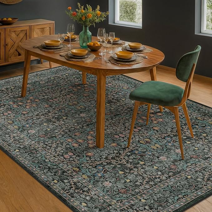Dining Room Rugs for Under Table - 6x9 Washable Dark Green Oriental Area Rug for Living Room, Low Pile Non-Slip Floor Carpet for Bedroom - Vintage Design & Stain Resistance (6x9 Dark Green)