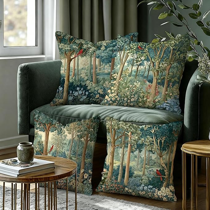 Rustic Spring Forest Green Pillow Covers 18x18 Set of 4, Cottagecore Forest Nature Botanical Wildflower Decorative Throw Pillow Covers for Sofa Bed Bedroom Living Room