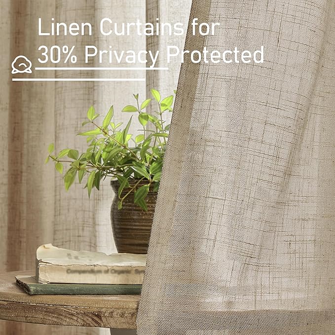 LAMIT Semi Sheer Linen Curtains 36 Inch Length for Cafe, Light Filtering Panels Back Tab and Rod Pocket Neutral Drapes for Bathroom/Kitchen/Loft Room, 25 x 36 Inch, 2 Panels