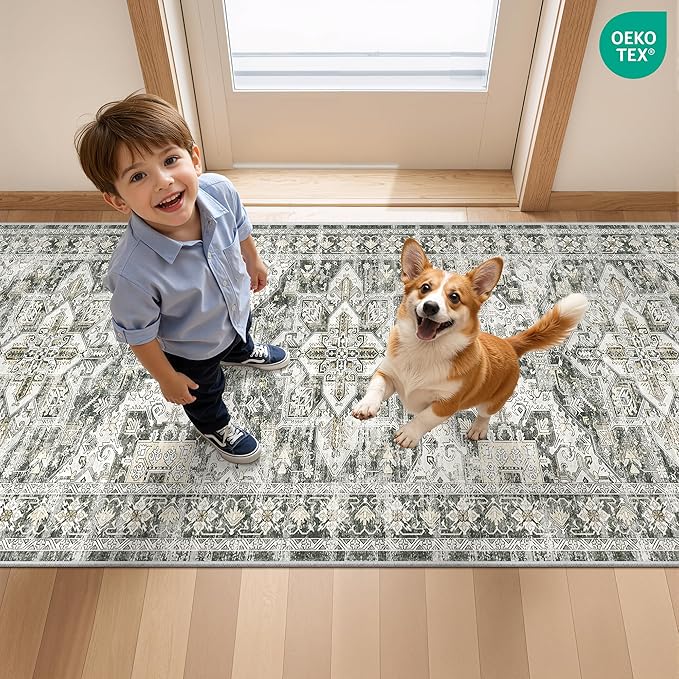 Hallway Runner Rug 2x12, Extra Long Washable Runner Rugs with Rubber Backing, Non Slip Runner, Vintage Rug Runners for Kitchen Laundry Room Entryway (Grey/Beige,2'x12')