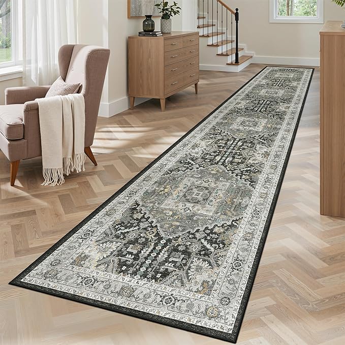 Madane Runner Rugs 2x12 Extra Long, Washable Non-Slip Hallway Runner Rug Low-Pile Carpet Runner for Kitchen Entrance Living Dining Laundry Room, Grey Green/Black Olive
