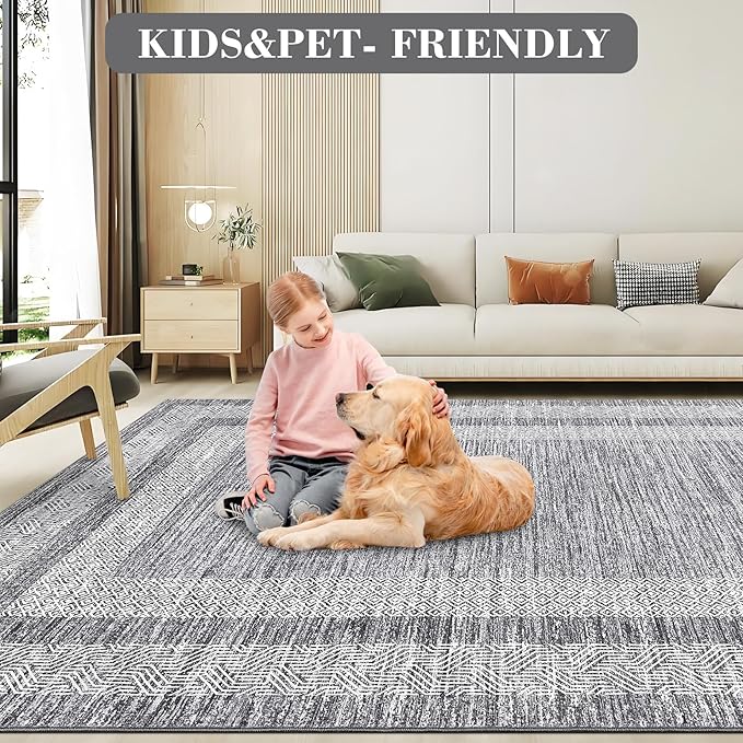 GarveeHome 6x9 Large Washable Area Rug Modern Bordered Rug Distressed Geometric Floor Carpet, Soft Non Slip Low Pile Non Shedding Rug, Indoor Gray for Bedroom, Living Room