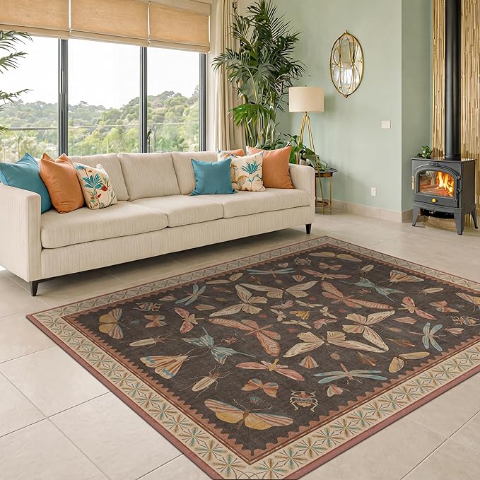 Washable Living Room Area Rug 5x7, Ultra Soft Carpet for Bedroom, Dining Room, Vintage Farmhouse Home Décor, Low Pile Non Slip Stain Resistant Rug (Brown & Orange)