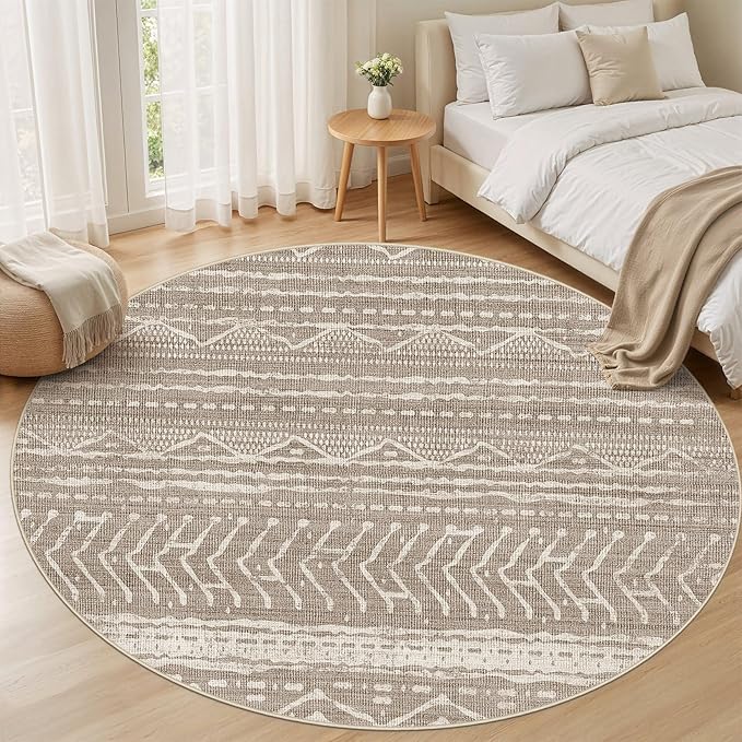 Nakagishi Area Rug Living Room Rugs: 4X4 Machine Washable Boho Large Neutral Farmhouse Stain Resistant Moroccan Indoor Floor Carpet for Bedroom Nursery Dorm Dining Room Home-Dark Brown