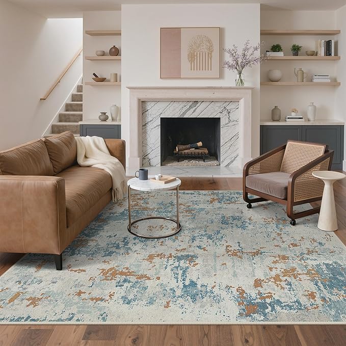 BEIMO Area Rugs 5x7 for Living Room Bedroom, Modern Abstract Machine Washable Rug, Large Soft Low Pile Floor Carpet with Non Slip Backing for Dining Room, Teal and Terracotta