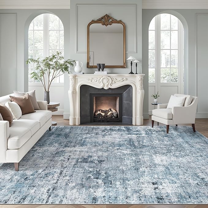 Washable Area Rug 8x12, Large Soft Rugs for Living Room Vintage Blue/Grey Carpet 8x12 Area Rugs for Bedroom Dining Room Non-Slip Stain Resistant Under Table Rug