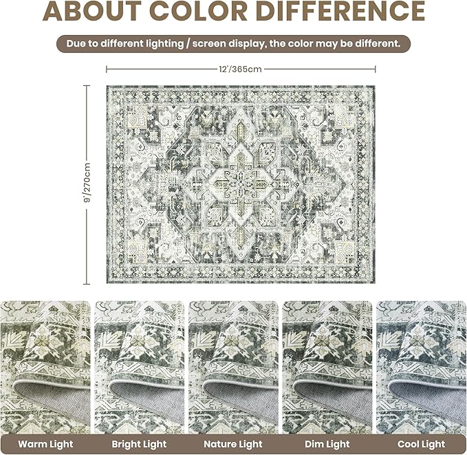 zesthome 9x12 Area Rugs,Stain Resistant Washable Rug,Ultra-Thin Rugs for Living Room,Bedroom,Non-Slip Backing Home Decor Large Area Rug (Grey/Beige,9'x12')