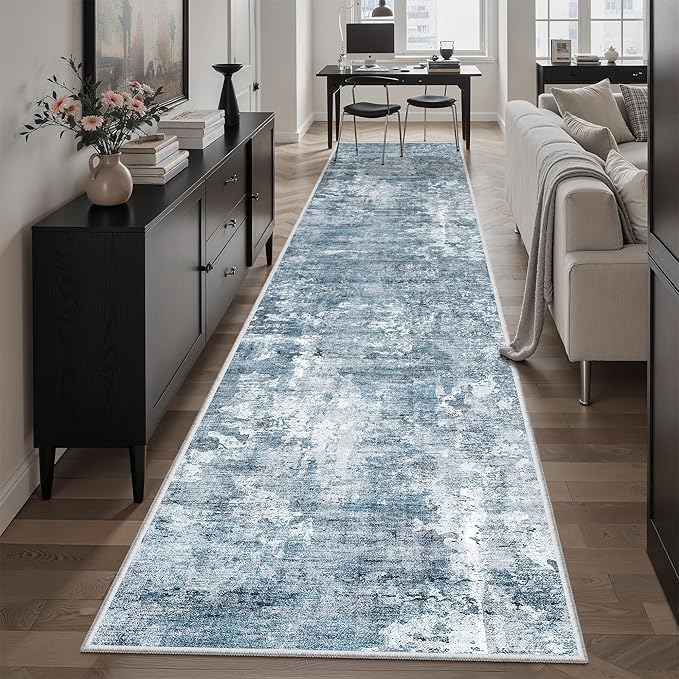 Runner Rug 2'6" x 12' Washable Non-Slip 2.5x12 ft Long Runner Rugs for Kitchen Bathroom Laundry Room Vintage Ultra Thin Runners for Hallway Entryway Blue/Grey