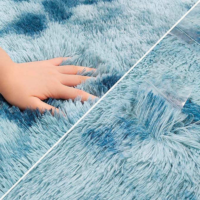 Super Soft Fluffy Living Room Area Rug 2x10 ft Tie-Dyed Light Blue Shaggy Furry Carpet Washable Non-Slip Floor Rugs Bedroom Bedside Nursery Rug Fuzzy Girls Boy Dorm Home Decor Aesthetic
