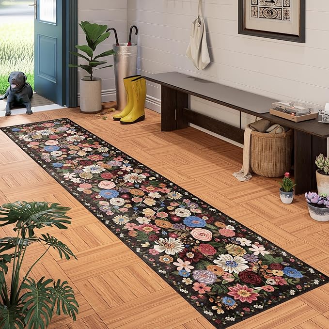 Floral Hallway Runner Black/Brown Carpet Non-Slip, 2x10 Washable Rug Ultra-Thin Soft for Hallways, Kitchen Mat Stain Resistant for Entryway Bathroom (2 x 10, Black/Brown)