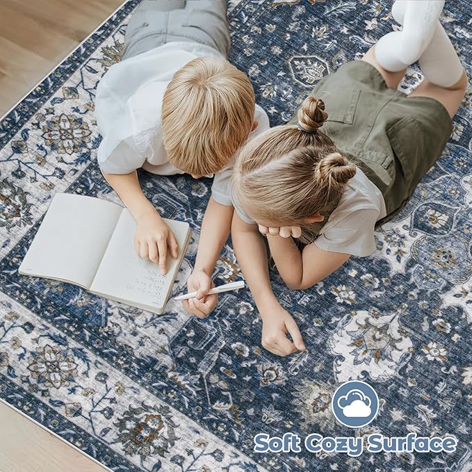 Area Rug 9x12 Washable Rug, Vintage Boho Medallion Rugs Non-Slip Soft Low Pile Large Distressed Rug Indoor Retro Carpet for Living Room Bedroom Dining Room Home Office (Vintage Blue, 9'x12')