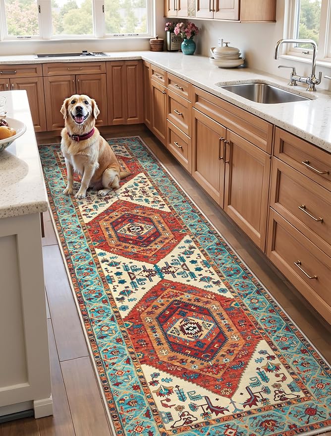 SERISSA Runner Rug for Hallways, 3x10 Washable Non Slip Kitchen Runner Rug, Long Boho Rug Vintage Orange Hallway Stair Ultra Soft Print Floor Carpet for Bedroom Bathroom Laundry Room