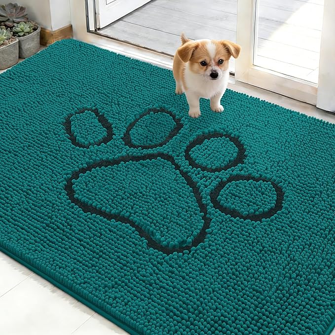 OLANLY Dog Door Mat for Muddy Paws 48x30, Paw Print Design, Absorbs Moisture and Dirt, Absorbent Non-Slip Washable Doormat, Quick Dry Chenille Mud Mat for Dogs, Entry Indoor Entryway Carpet, Lake Blue