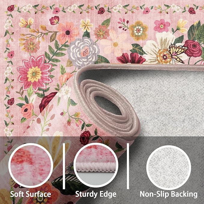 2x5 Entryway Runner Rugs, Non Slip Washable Rugs with Rubber Backing Soft Floral Carpet Runner for Kitchen, Laundry, Bedroom, Bathroom(2 x 5, Pink Garden)