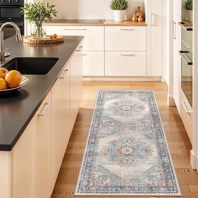 TOPRUUG 2x5 Hallway Runner Rug: Washable Non-Slip Rugs for Kitchen Vintage Water Resistant Entryway Rug Ultra-Thin Soft Living Room Bedroom Carpet Low Pile Durable Floor Mat for Bathroom (Blue, 2X5)