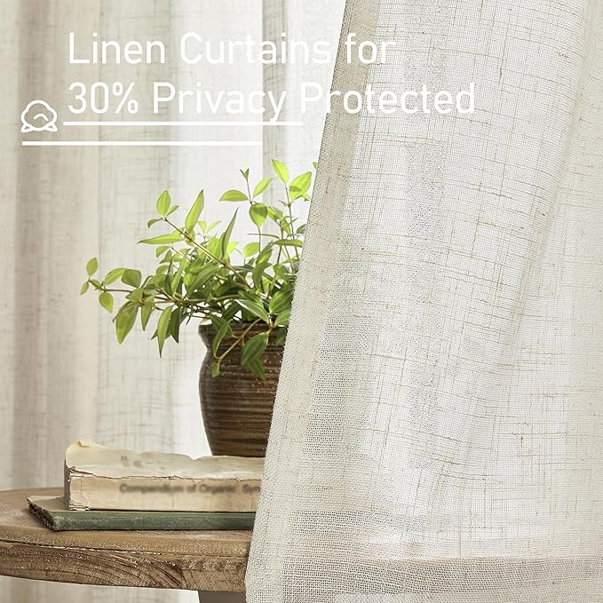 LAMIT Natural Linen Boho Curtains 80 inch Length 2 Panels, Cream Ivory Light Filtering Semi Sheer Panels Back Tab and Rod Pocket Neutral Drapes for Bedroom/Living Room, 34 x 80 Inch
