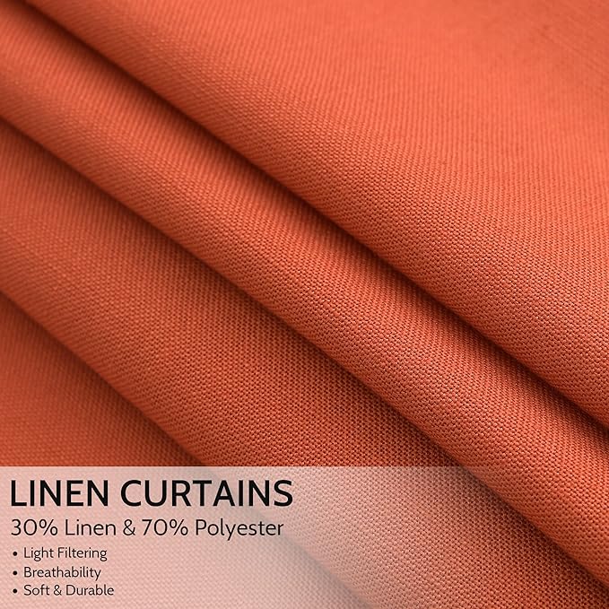 Nanspring Bright Orange Linen Blend Light Filtering Back Tab Curtains 84 Inches Long, Semi Sheer Privacy Drapes for Living Room & Bedroom Simple Style, 52x84 inch, 2 Panels