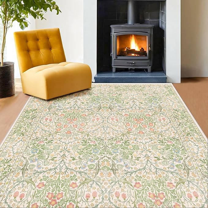 Hazo Haus Light Beige Green Living Room Rug, 6x8 Washable Area Rug for Kids Room, Bedroom, Nursery Room, Living Room, Dining Room, Low Pile Non-Slip - Vintage Design & Stain Resistance