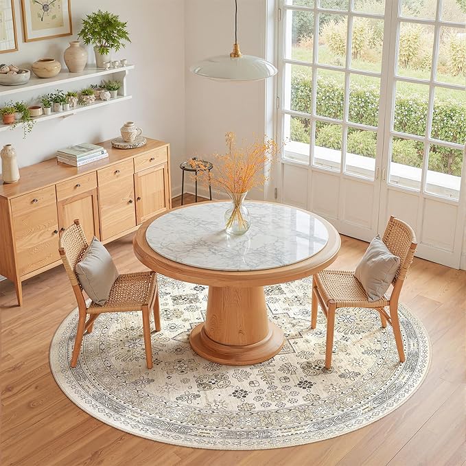 zesthome Washable Round Rug - 5ft Ultra-Thin Circle Area Rugs, Vintage Non-Slip Low Pile Rug for Living Room, Stain Resistant Rug for Bedroom, Entryway, Kitchen, Nursery