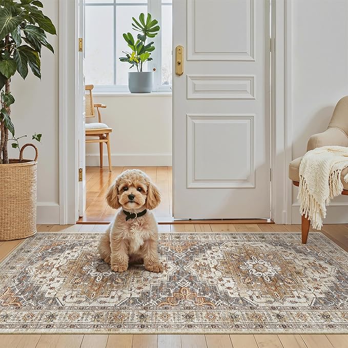 Madane Washable Area Rug 2x4, Small Entryway Rug Non-Slip Vintage Door Mat Indoor Entrance, Low Pile Floor Carpet Runner for Inside Front Door Kitchen Entry Laundry, Turmeric/Grey
