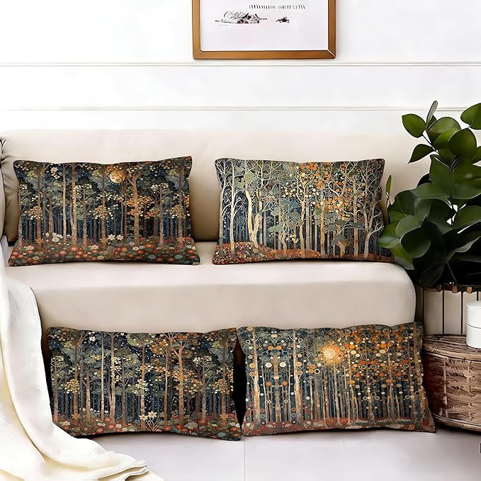 Rustic William Morris Inspired Forest Moon Pillow Covers 12x20 Set of 4,Vintage Botanical Nature Landscape Decorative Throw Pillow Covers for Home Bedroom Living Room,Fall Home Room Decor