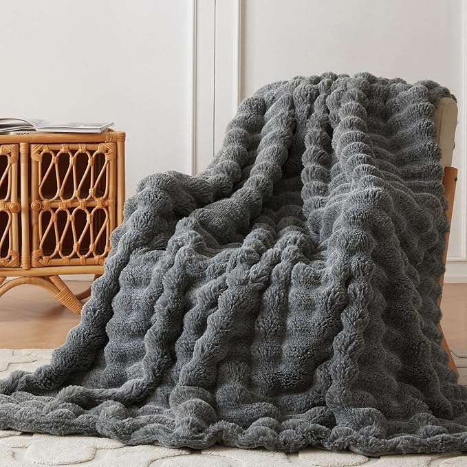 COOVA Faux Fur Throw Blanket for Couch, Cozy Soft and Fuzzy Plush Rabbit Fur Bubble Blanket for Sofa Bedroom Living Room, 60x80 Inches Cationic Light Grey