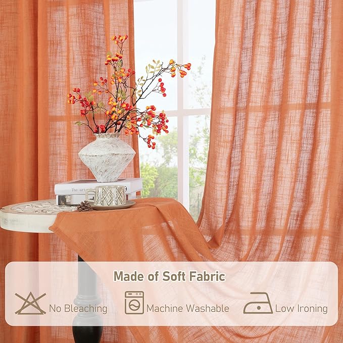 LAMIT 102 Inches Long Linen Curtains for Living Room, Back Tab and Rod Pocket Semi Sheer Curtains Light Filtering Farmhouse Drapes for Bedroom/Dining Room, Burnt Orange, Set of 2, 52 x 102 Inch