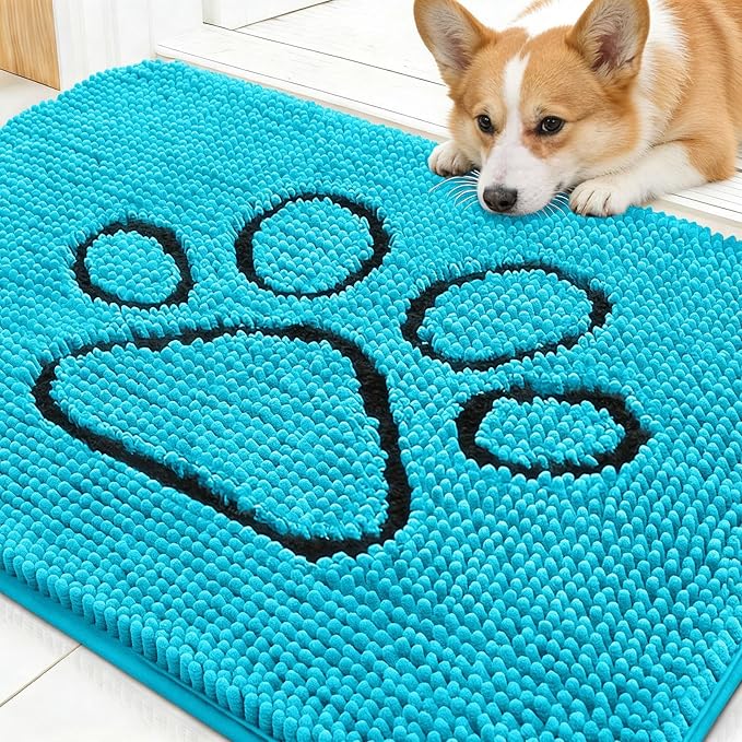 OLANLY Dog Door Mat for Muddy Paws 30x20, Paw Print Design, Absorbs Moisture and Dirt, Absorbent Non-Slip Washable Doormat, Quick Dry Chenille Mud Mat for Dogs, Entry Indoor Entryway Carpet, Aqua Blue