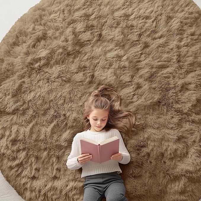 OLANLY Taupe Round Rugs for Bedroom - Machine Washable, 8 ft Circle Area Rugs for Living Room, Soft and Fluffy Shaggy Carpet for Teen Girl and Boys, Nursery Rooms, Dorms, Home Decor Aesthetic
