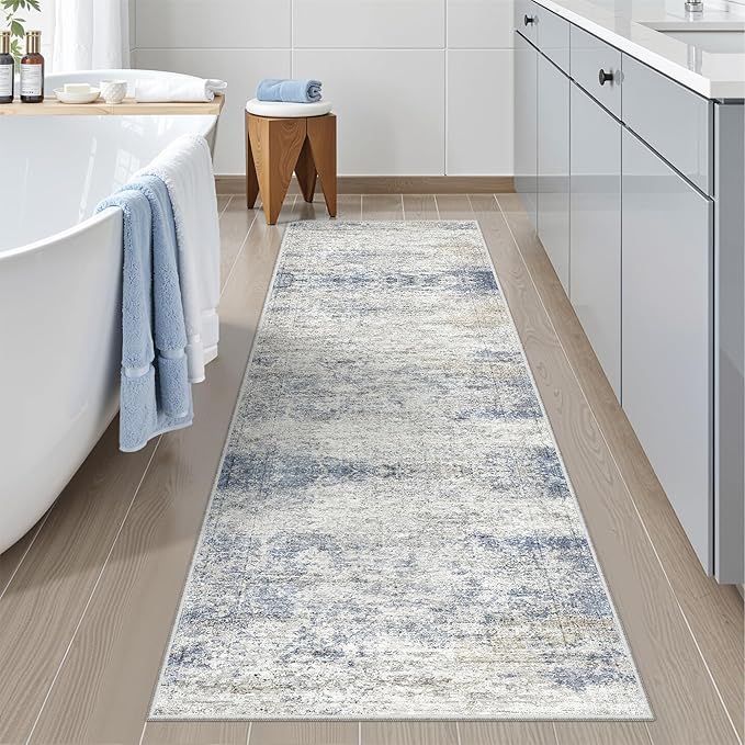 Washable Runner Rugs for Bedroom - 2x6 Runner Rug Non Slip, Ultra-Thin Entryway Runner, Soft Abstract Kitchen Runner for Hallway, Laundry, Indoor Door Mat(2'x6', Blue/Brown/Ivory)