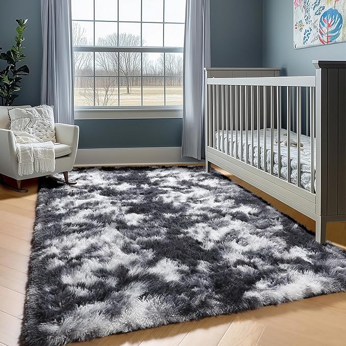 ONASAR 8x10 Area Rugs for Living Room, Black and White Large Fluffy Bedroom Rug, Soft Plush Thick Shaggy Big Floor Carpet for Kids Boy Girls Teen Dorm Nursery Indoor Home Decor Aesthetic