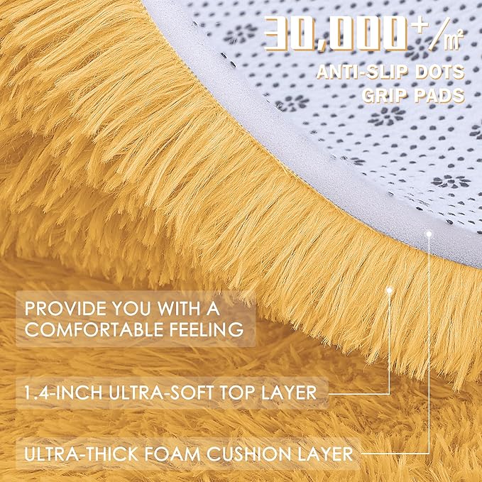 OLANLY Mustard Yellow Round Rugs for Bedroom - Machine Washable, 9 ft Circle Area Rugs for Living Room, Soft and Fluffy Shaggy Carpet for Teen Girl and Boys, Nursery Rooms, Dorms, Home Decor Aesthetic