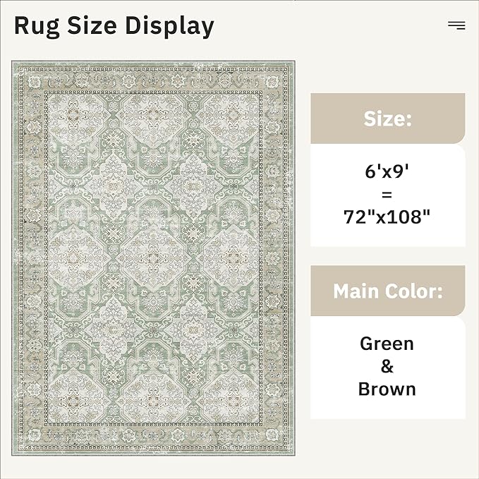6x9 Area Rug for Living Room Washable 6x9 Rug Non-Slip Modern Rugs for Bedroom Dinning Room Ultra-Thin Indoor Green/Brown Rug